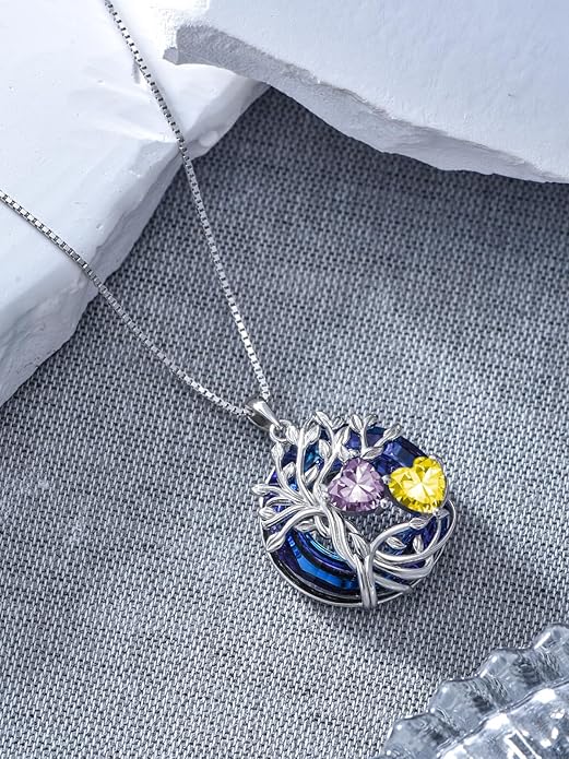 TOUPOP s925 Sterling Silver Family Celtic Tree of Life Pendant Necklaces with 2 Heart Birthstone with Blue Austrian Crystal Jewelry Birthday Valentines Day Gifts for Her, Anniversary Christmas Gifts for Wife Girlfriend Mom (18K Real White Gold Filled)