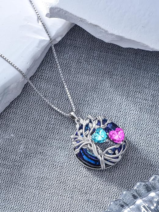 TOUPOP s925 Sterling Silver Family Celtic Tree of Life Pendant Necklaces with 2 Heart Birthstone with Blue Austrian Crystal Jewelry Birthday Valentines Day Gifts for Her, Anniversary Christmas Gifts for Wife Girlfriend Mom (18K Real White Gold Filled)
