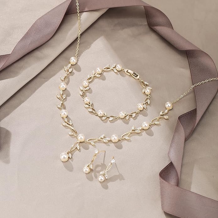 EVER FAITH Bridal Cubic Zirconia Jewelry Sets for Women, White Simulated Pearl Leaf Vine Pendant Wedding Party Necklace Earrings Set for Bridesmaid Bride