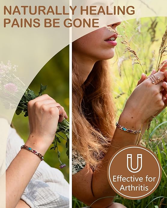Feraco Pure Copper Bracelets & Rings for Women, Ultra Strength Magnetic Bracelet with 3800 Gauss Magnets & Natural Turquoise & Stones, Adjustable, Jewelry Gift
