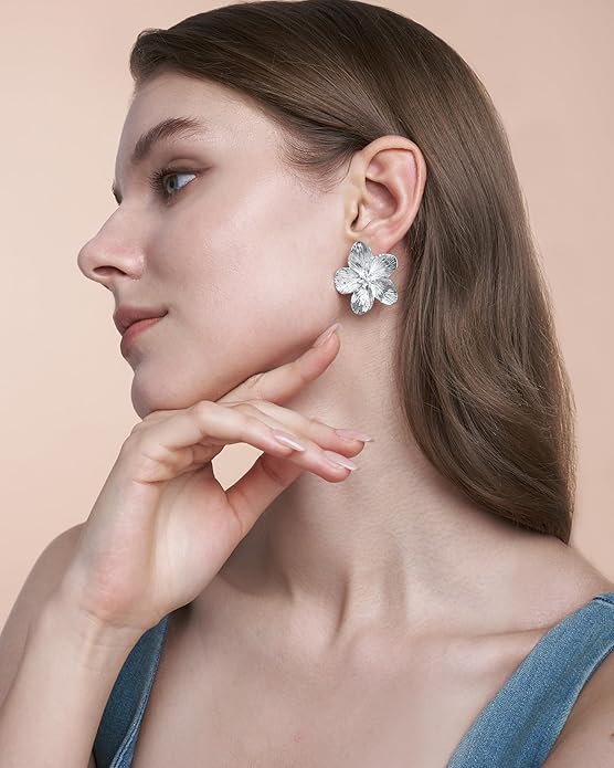 18K Gold Plated Large Chunky Flower Statement Earrings for Women by SNGIA, Summer Beach Floral Handmade Drop Jewelry, Maximalist Wedding Date Birthday Gift, Bold Exaggerated Textured Dangle Trendy Ribbed Jewelry, 18K Gold Plated Chandelier Fashion Acce...