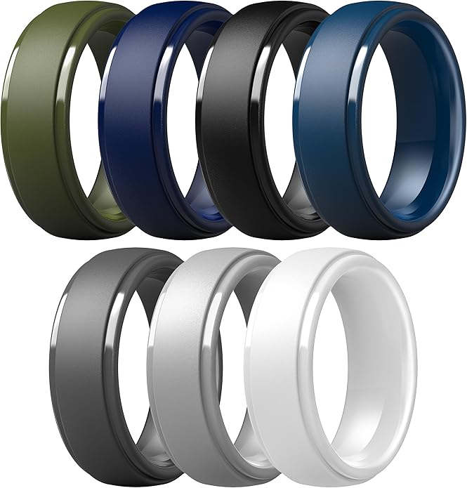 ThunderFit Silicone Rings for Men - 7 Rings / 4 Rings / 1 Ring Step Edge Rubber Wedding Bands 10mm Wide - 2.5mm Thick
