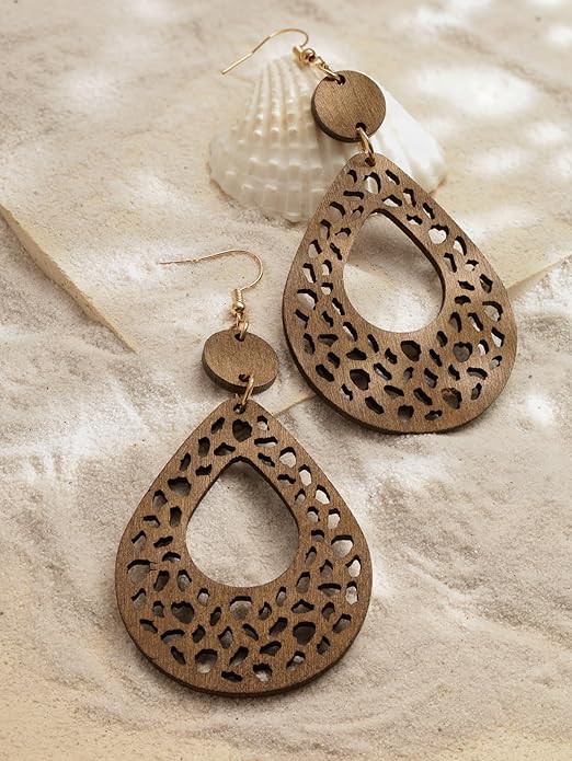 MINACHI Bohemian Hollow Cut-Out Wood Leather Dangle Drop Earrings, Boho Chic Hippie Statement Jewelry Gift for Women
