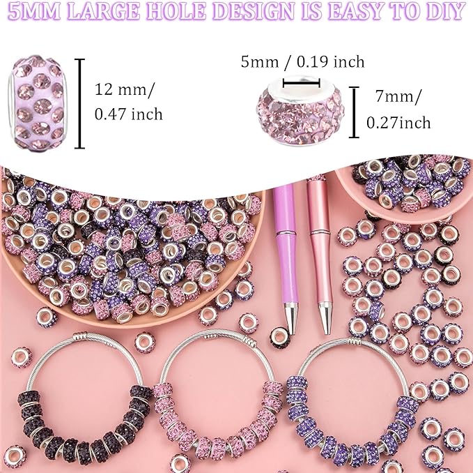 200 Pieces European Large Hole Spacer Beads, Purple European Craft Beads Rhinestone Lampwork Beads Fairy Garden Beads for DIY Charms Bracelet Necklace Earring Jewelry Making Supplies