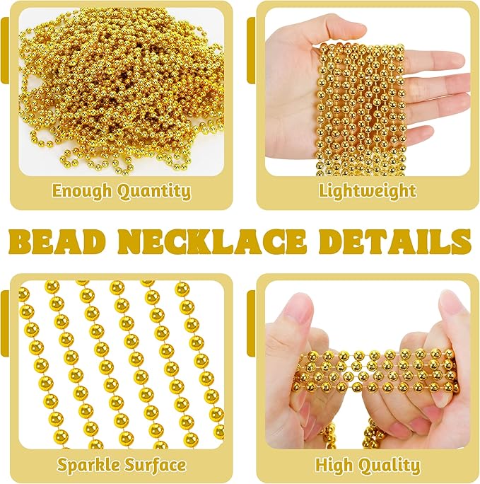 100 PCS Mardi Gras Beads, 33" Gold Beads Necklaces, St Patricks Day Beads Necklaces Bulk, Round Beaded Parade Throw Accessories Set, Gold Beads for Carnival Party Supplies
