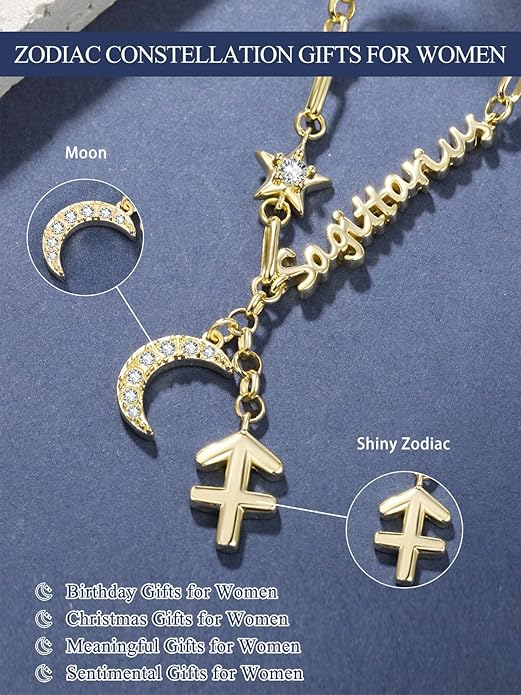 14K Gold/Rose Gold Zodiac Necklace for Women - Horoscope Constellation Pendant with Moon and Star, Luxury Birthday Gifts Jewelry for Her (12 Zodiac Signs)