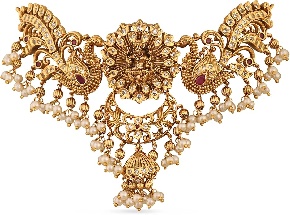 TARINIKA Brass Indian Choker Necklace Set - Gold Plated Cubic Zirconia Indian Jewelry Sets for Women Dangle, Drop, Jhumka Earrings Traditional Desi Necklace Pearls Gift for her
