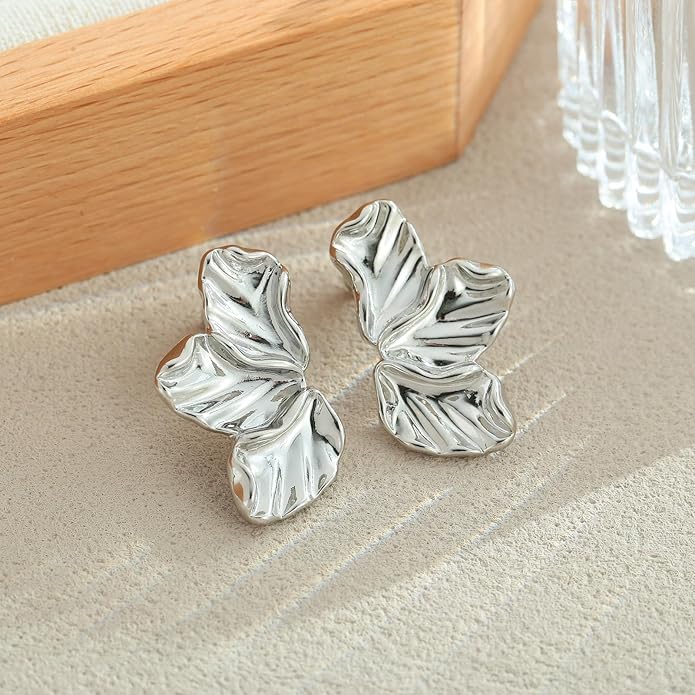 Chunky Gold Statement Earrings For Women Gold Plated Sectored Flower Leaf Shell Angel Wing Earrings Trendy Boho Jewelry For Women Large Stud Earrings Hypoallergenic Earrings