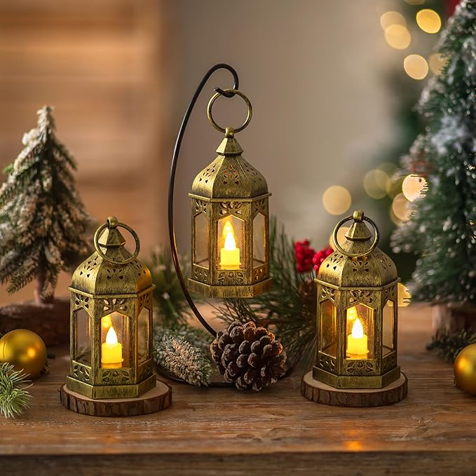 Mini Lantern with Flickering LED Candles Set of 20, Hewory Gold Vintage - Image 5