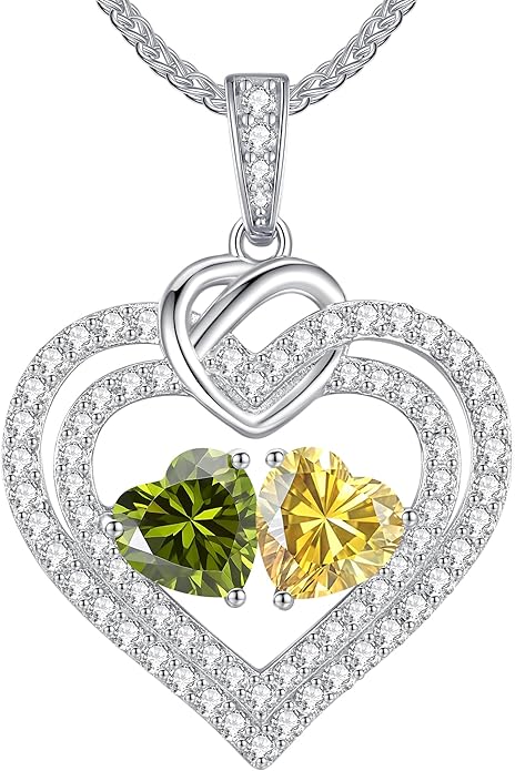 LOUISA SECRET Sparkling Double Heart Birthstone Necklaces for Women, 925 Sterling Silver Fine Jewelry, Pendant Heart Necklaces Birthday Anniversary Christmas Gift for Women Wife Mom Girlfriend Lady