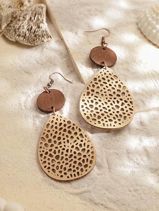 MINACHI Bohemian Hollow Cut-Out Wood Leather Dangle Drop Earrings, Boho Chic Hippie Statement Jewelry Gift for Women