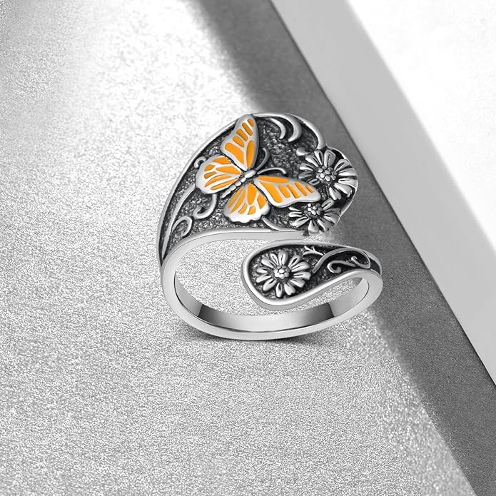 Spoon Rings for Women 925 Sterling Silver Hummingbird/Butterfly/Bee/Red Cardinal/Pink Flamingo Adjustable Thumb Rings Vintage Boho Antique Jewelry Gifts