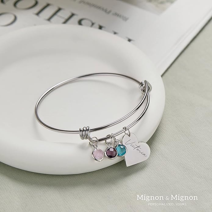 MignonandMignon Heart Birthstone Bracelet Personalized Gift for Her Family Birthstone Jewelry Customized Bangle - ABR-LH-BS