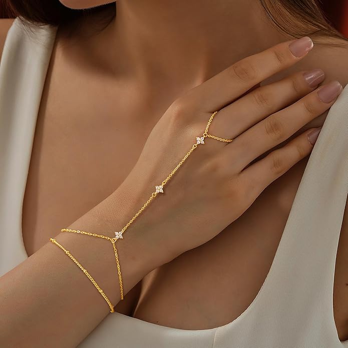 Valentine Gift 14K Gold Plated Hand Chain Bracelet for Women Trendy, 2 Pcs Stackable Gold/Silver Finger Ring Bracelet Hand Chain Dainty Non Tarnish Waterproof Set Jewelry Adjustable 7'+2