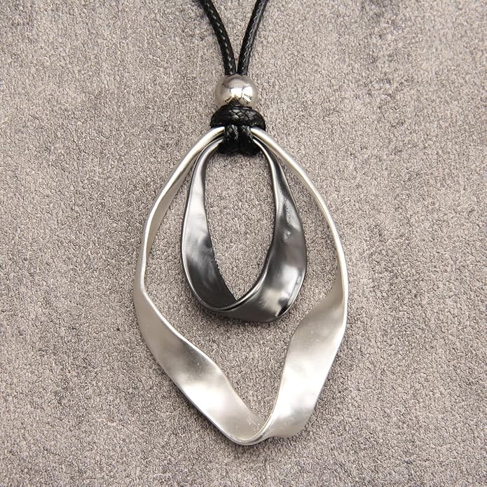 GelConnie Boho Necklaces for Women Vintage Silver Circles Long Pendant Necklace Cowgirl Sweater Necklace Adjustable Leather Choker Necklace for Women
