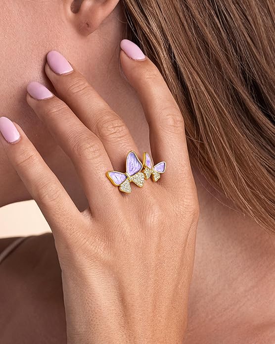 Gold Rose Pink Enamel Floral CZ FULLY ADJUSTABLE Statement Open Ring for Women by SNGIA, Daisy Orchid Flower Leaf Summer Beach Handmade Unique Pinky Band, Chunky Sunflower Stackable Cute Cuff Cocktail Ring Birthday Gift, Natural Bold Exaggerated Irregu...