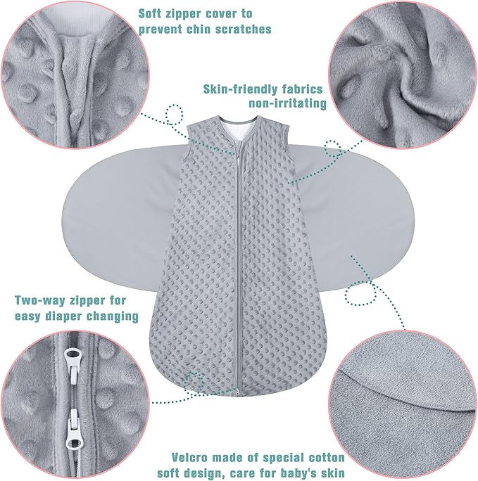 Fleece Newborn Sleep Sack Baby Swaddle,3-Way Adjustable Wearable Blanket,2 Pack Fleece Swaddling Sleeping Bag TOG 2.0， (Gray & Pink, 0-3 Months)
