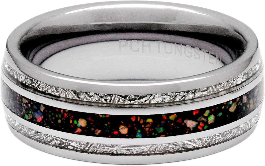 Created-Opal Ring with Imitated Meteorite 8mm Tungsten Wedding Band or Gift 7-13