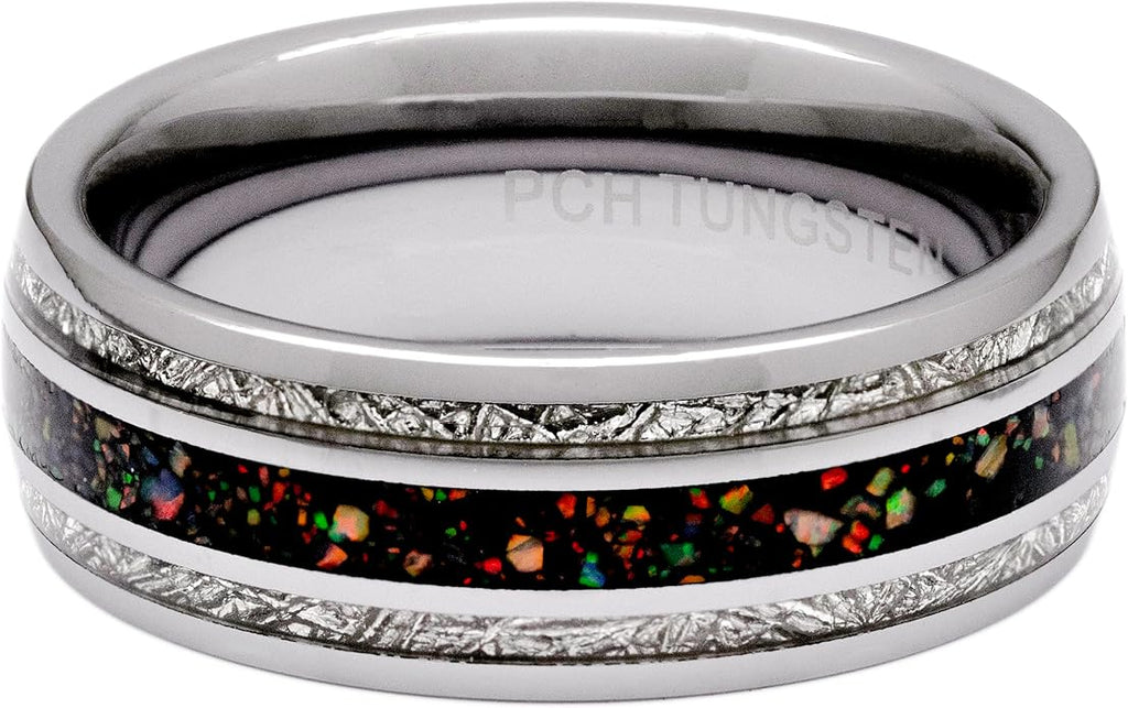 Created-Opal Ring with Imitated Meteorite 8mm Tungsten Wedding Band or Gift 7-13