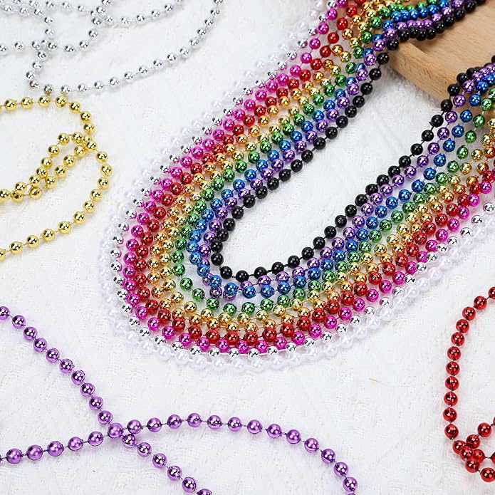 Mardi Gras Beads Necklaces, 33 Inch Plastic Beads for Party Favors, Festival Decorations, Parade Throws, Christmas, St. Patrick's Day Celebrations