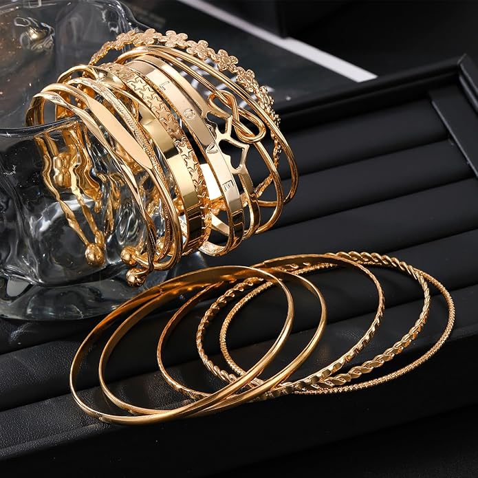 17IF Gold Bangle Bracelet For Women, 14k Multilayer Charm Textured Stackable Bracelets Boho Indian Chunky Cuff Fashion Jewelry Gift