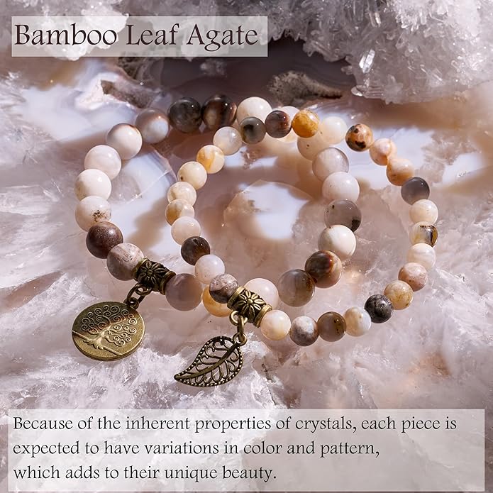 Bivei Natural Semi Precious Gemstone beads bracelet for women - Life Tree and Leaf Charm Energy Reiki Crystal Stretch Bracelets