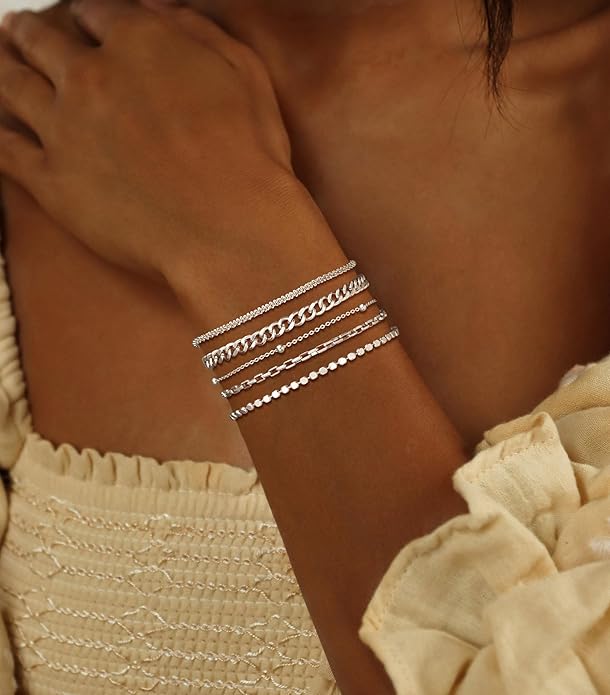DEARMAY Dainty Silver Plated Bracelets for Women Trendy, Silver Jewelry Set for Women Bracelets for Women Paperclip Box Herringbone Figaro Rope Chain Bracelet Fashion Pack Gifts for Women