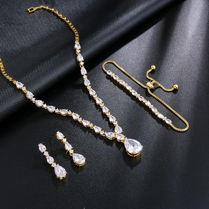 Bridal Wedding Jewelry CZ Set Marquise Teardrop Cubic Zirconia Pendant Necklace and Dangle Earring Bracelet Sets for Women