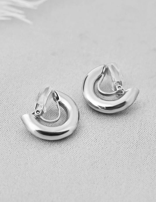 FAN&LOUIS Gold Clip On Hoop Earrings,Gold Silver Chunky Small Open Hoops Clip-On Earrings for Women Trendy Non-Pierced Ears Lightweight Teen