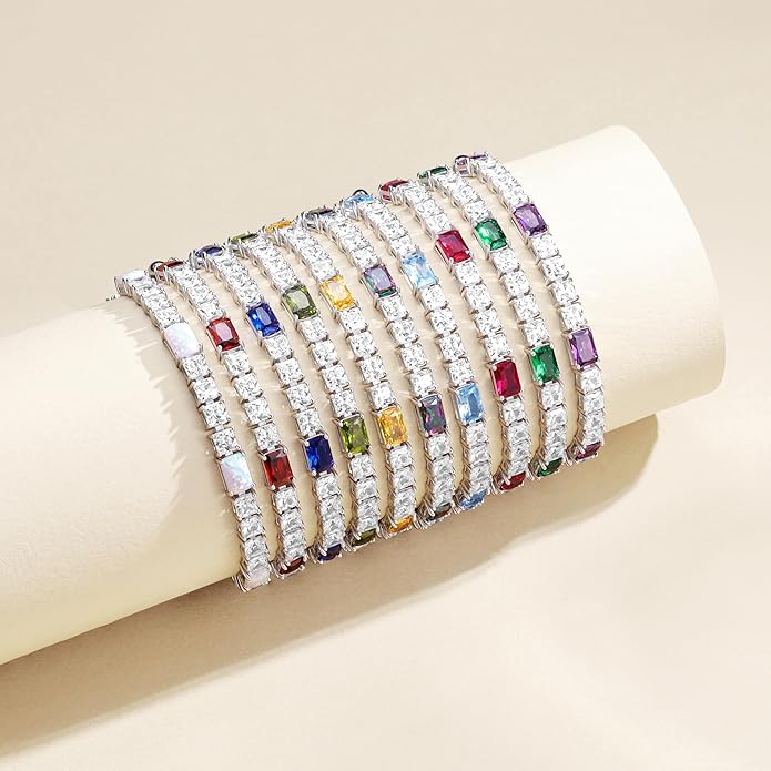 FANCIME Birthstone Bracelet for Women, Sterling Silver 4x6mm Gemstone Tennis Bracelet Bolo Adjustable Chain Fine Jewelry Birthday Gifts for Women Mom Wife Her