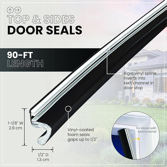 MD Building Vinyl-Coated Foam Top and Sides Door Seal, 90ft | Seals Gaps Up To - Image 2