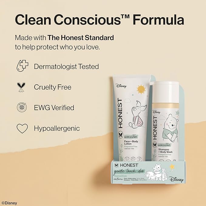 The Honest Company 2-in-1 Cleansing Shampoo + Body Wash and Face + Body Lotion Bundle + Disney Design | Gentle for Baby | Dermatologist Tested | Sensitive Fragrance Free, 18.5 fl oz