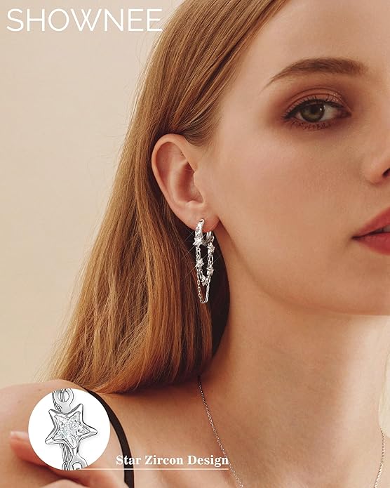 Tassel Chain Small Gold Hoop Dangle Earring For Women Huggie Earring Heart Star CZ 14K Gold Plated Fashion Jewelry Friendship Gift