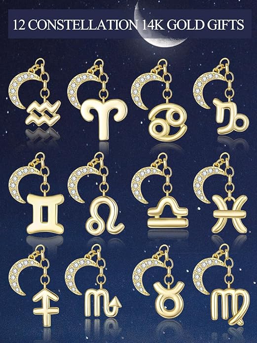 14K Gold/Rose Gold Zodiac Necklace for Women - Horoscope Constellation Pendant with Moon and Star, Luxury Birthday Gifts Jewelry for Her (12 Zodiac Signs)