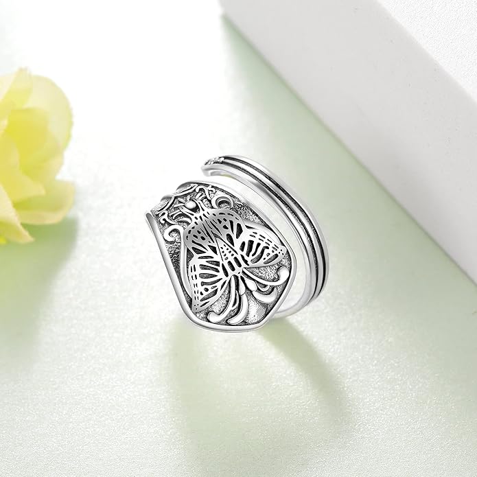 Vintage Butterfly Spoon Ring 925 Sterling Silver Adjustable Oxidized Spoon Rings Wrap Around Open Ring Thumb Statement Jewelry for Women Mom