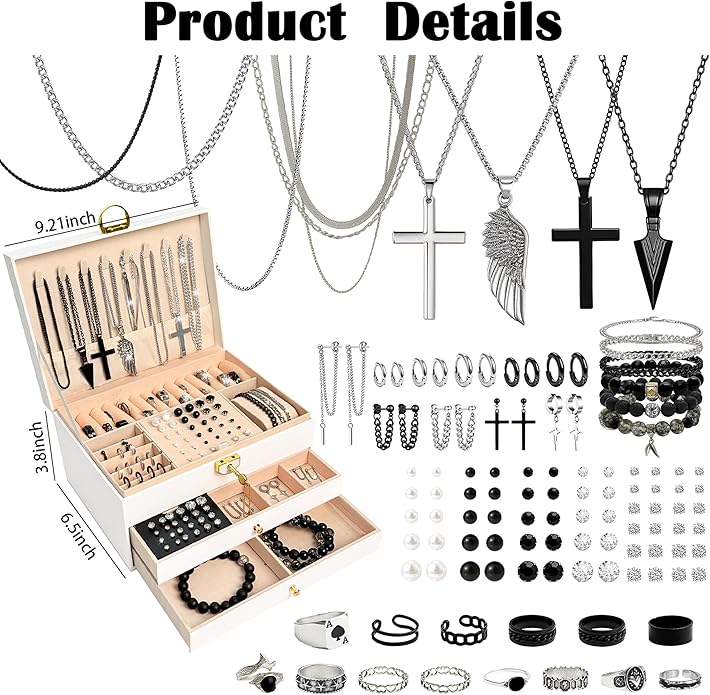 SMUOBT Jewelry Box with Jewelry Set for Women Men - Large Multi-Layer Jewelry Organizer Storage Case with Drawers, Necklace Bracelet Hoop/Stud Earrings Rings Gift Set for Her Him, Unique Birthday Party Gift (Gold/Black Silver)