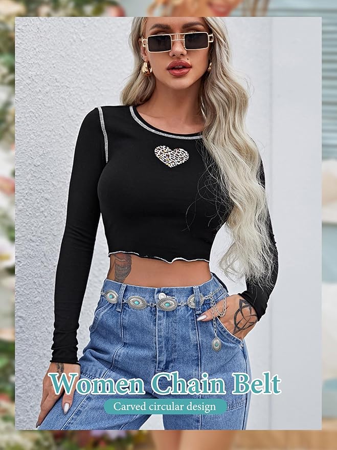 FIORETTO Metal Waist Chain Link Belt for Women Western Cowgirl Boho Turquoise Belts for Dress Jeans Country Concert Outfit