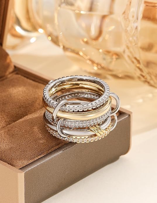 Statement Rings for Women, 18k Gold Plated Stackable Cubic Zirconia Rings, Silver Gold Multi Ring Mixed Metals Stackable Ring Set for Women Non Tarnish