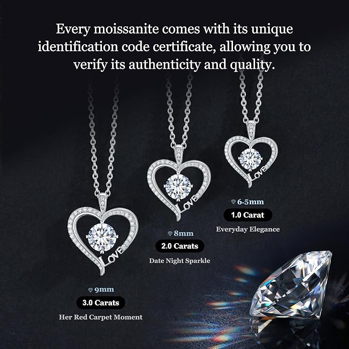 Moissanite Heart Necklaces for Women, 1-3 Carat Moissanite 925 Sterling Silver Love Jewelry, Valentines Day Birthday Wedding Anniversary Engagements Gifts for Women Wife Girlfriend Mom Her