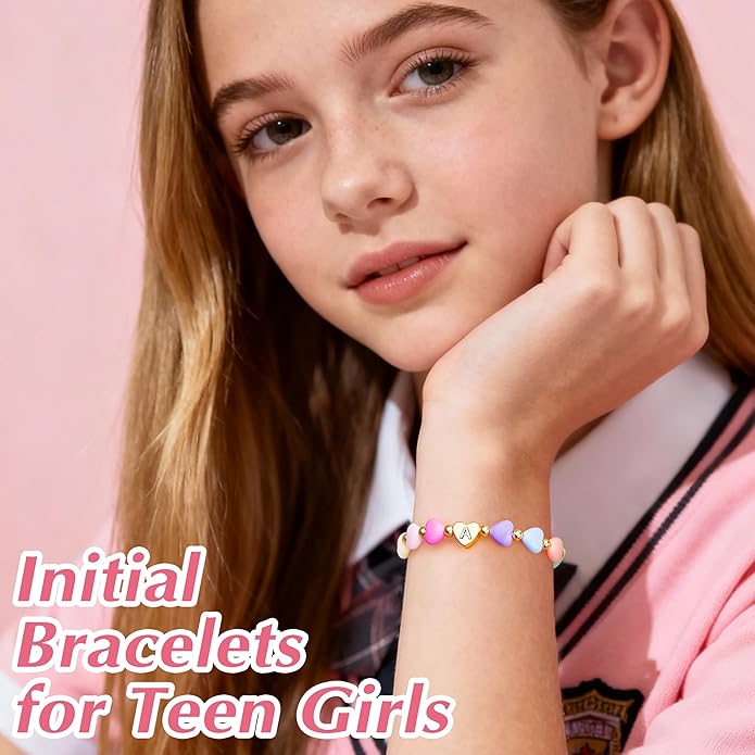 Valentines Day Gifts for Kids Women Girls, Initial Heart Bracelets for Teen Girls Young Women Bulk, Cute Preppy Letter A-Z Charm Bracelet, Personalized Happy 3-18 Year Old Birthday Gifts for Daughter, Lover, Sisters, Toddler