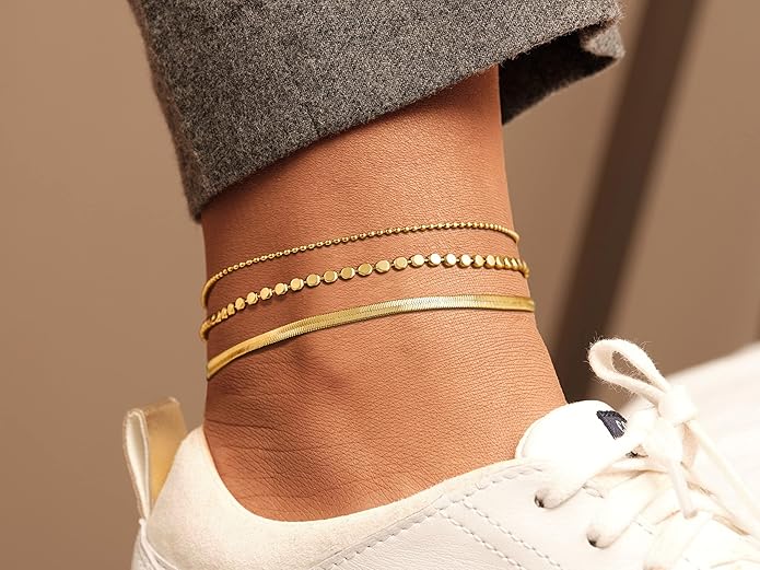 Risamil 14K Gold Plated Ankle Bracelets for Women, Anklets for Women Waterproof Layered Ankle Bracelets for Women Teen Girl Herringbone Anklet Set Summer Foot Jewelry Gifts