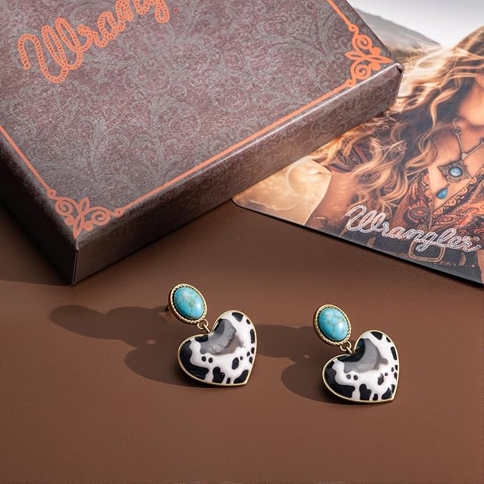 Wrangler Western Heart Drop Dangle Earrings for Women Statement 14k Gold Turquoise Cow Print Cowgirl Trendy Jewelry