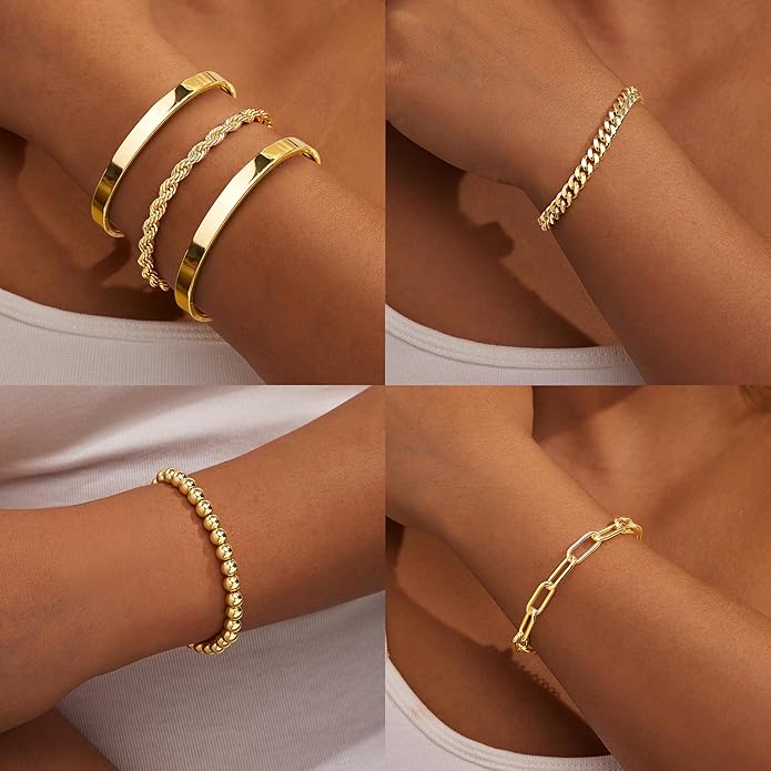 Gold Bracelets Set for Women Non Tarnish, 14K Gold Plated Sterling Silver Chunky Cuff Bracelet Stackable Gold Bangles Bracelet for Women Trendy Fashion Accessories Tie Knot Cuban Rope Paperclip Beaded Bracelet Stack Jewelry Valentines Day Gifts