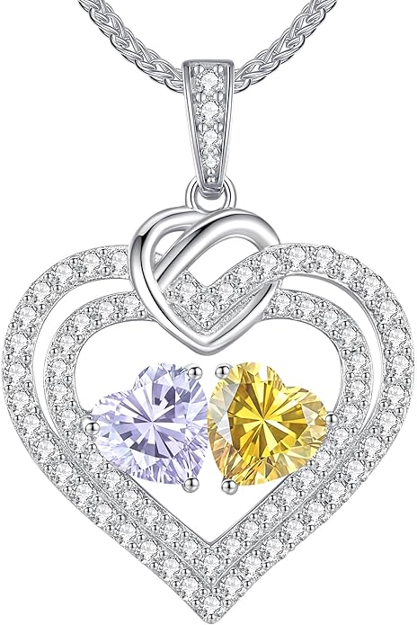 LOUISA SECRET Sparkling Double Heart Birthstone Necklaces for Women, 925 Sterling Silver Fine Jewelry, Pendant Heart Necklaces Birthday Anniversary Christmas Gift for Women Wife Mom Girlfriend Lady