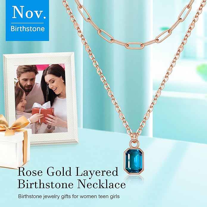 Layered Birthstone Necklace for Women Girls, 14K Gold-Plated Paperclip Chain Choker Necklace with Rectangle Birthstone Pendant Birthday Gifts for Women Girls Dainty Small
