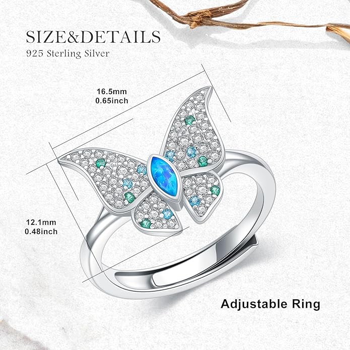 Sterling Silver Blue Butterfly Opal Rings for Women,Butterfly Open Ring Butterfly Ring Butterfly Adjustable Ring Opal Ring Jewelry Gift for Hers Ring Adjustable Size 6-9-1