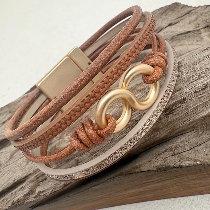 Leather Bracelet for Women Black Wrap Bangle Gold Infinity Bow-knot Bead Heart Bracelet Chunky Layered Bracelets for Women Trendy