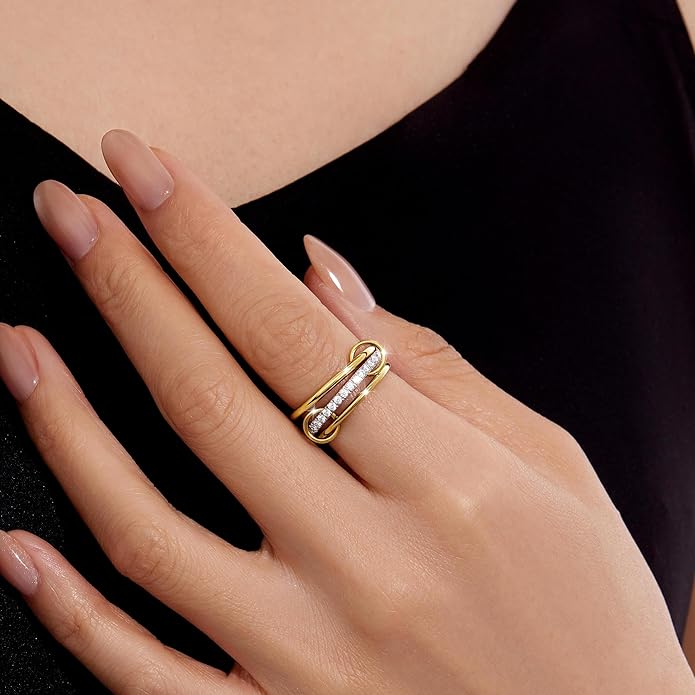 Gelbesty Stackable Gold Silver Band Rings for Women, Statement Chunky Cubic Zirconia Rings, Fashion Unique Designer Mixed Metal Jewelry Size 5/6/7/8/9/10/11