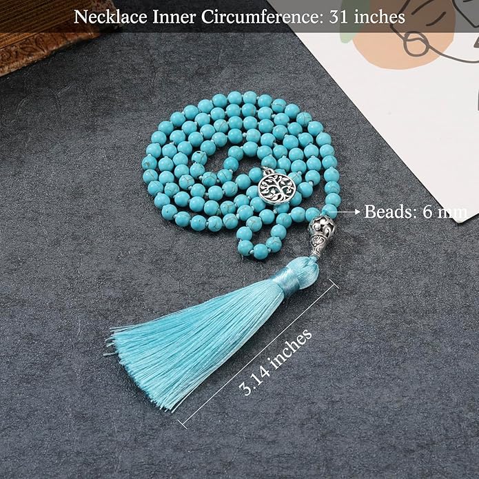 INBLUE 108 Mala Prayer Beads Wrap Necklace with Long Tassel Boho Necklace for Women Amazonite Bead Bracelet with Spiritual Tree of Life Pendant 108 Beads Necklace for Meditation