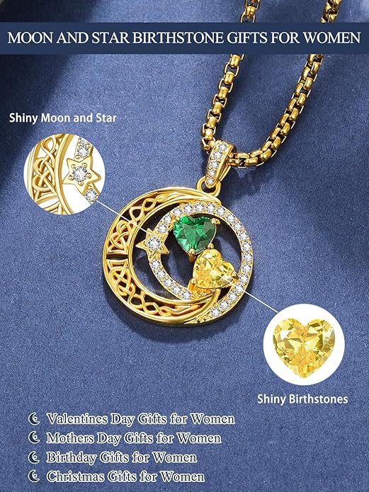 14K Gold Moon and Star Necklace Gifts for Women - Double Heart Birthstone Necklace, Valentines Wedding Anniversary Birthday Gifts for Her Wife Mom Daughter Grandma Sister